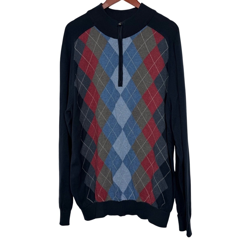 Cutter & Buck Mens Argyle Quarter Zip Sweater Navy Blue Red Cotton XLT BCSO1441